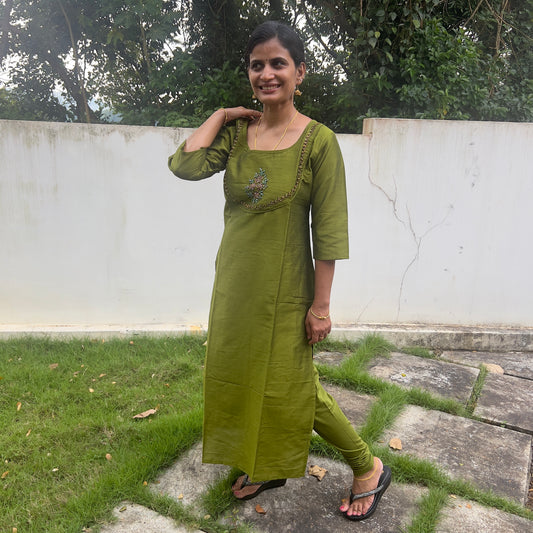 M2890 Slub Silk Slitted Kurti-Olive Green with Handwork