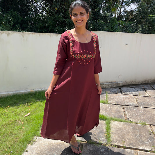 M2888 Roman Silk Aline Kurti-Maroon