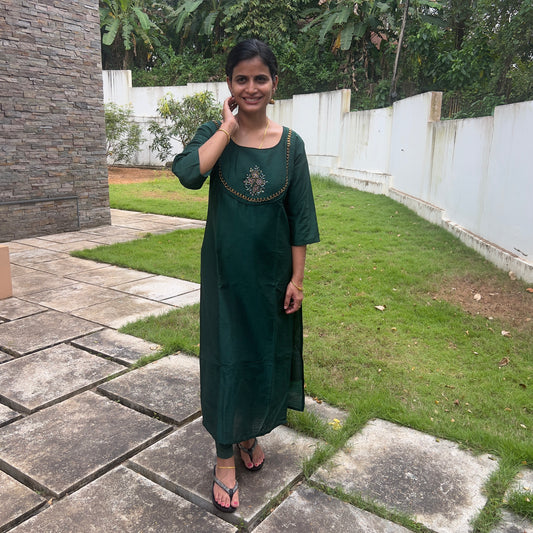 M2890 Slub Silk Slitted Kurti-Bottle Green with Handwork